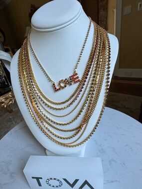Tova Multi-Strand Gold Chain Necklace with Pink orange, taupe and olive.